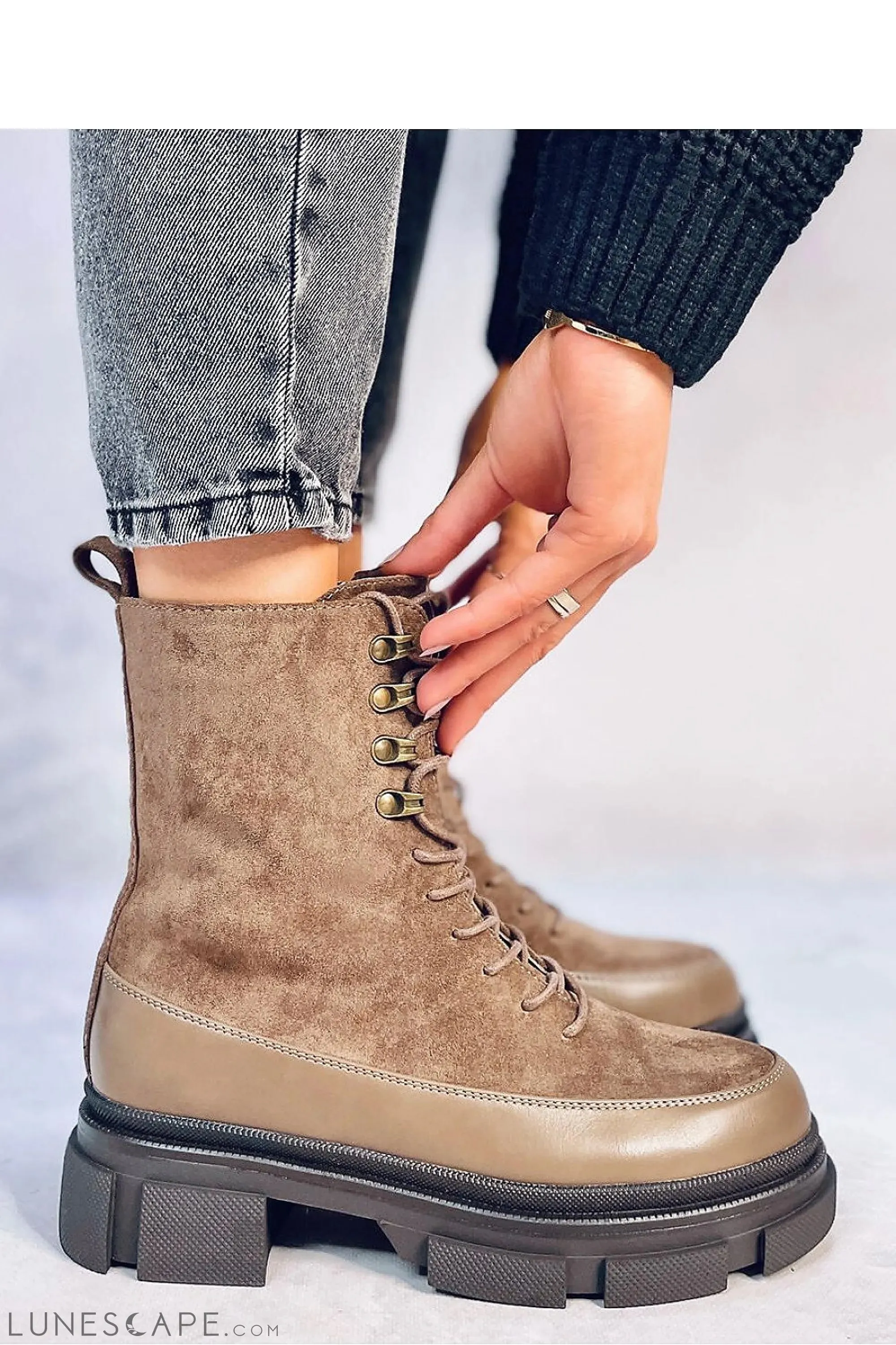 Lace Up Taupe Suede Combat Boot with Chunky Platform Heel
