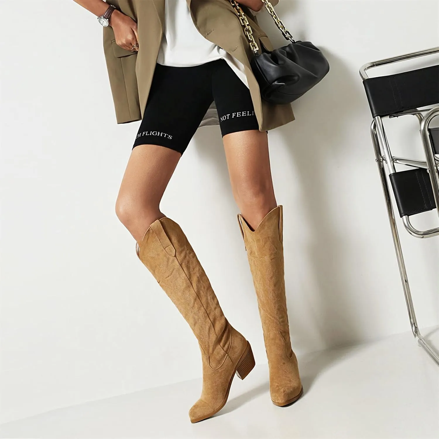 Ladmiple Cowboy Boots For Women Knee High Wide Calf Embroidered Western Boots Chunky Heel Fashion Classic Boot Pull-On