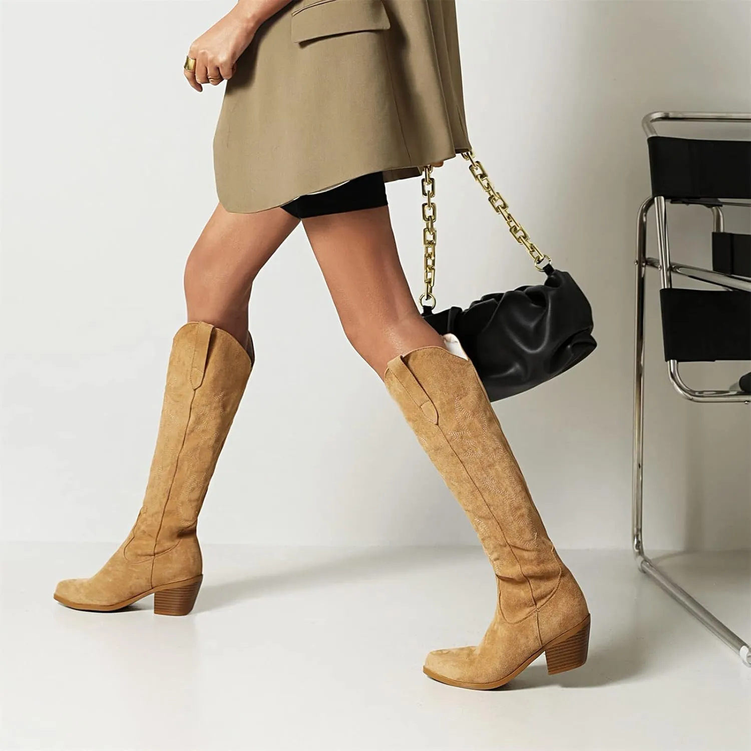 Ladmiple Cowboy Boots For Women Knee High Wide Calf Embroidered Western Boots Chunky Heel Fashion Classic Boot Pull-On