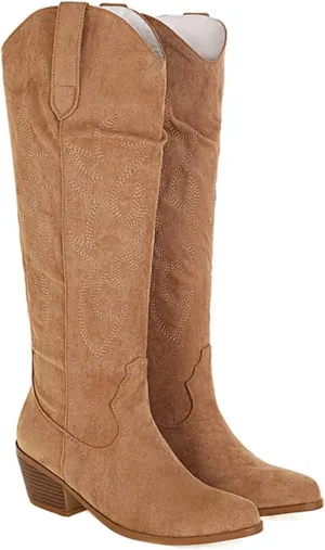 Ladmiple Cowboy Boots For Women Knee High Wide Calf Embroidered Western Boots Chunky Heel Fashion Classic Boot Pull-On