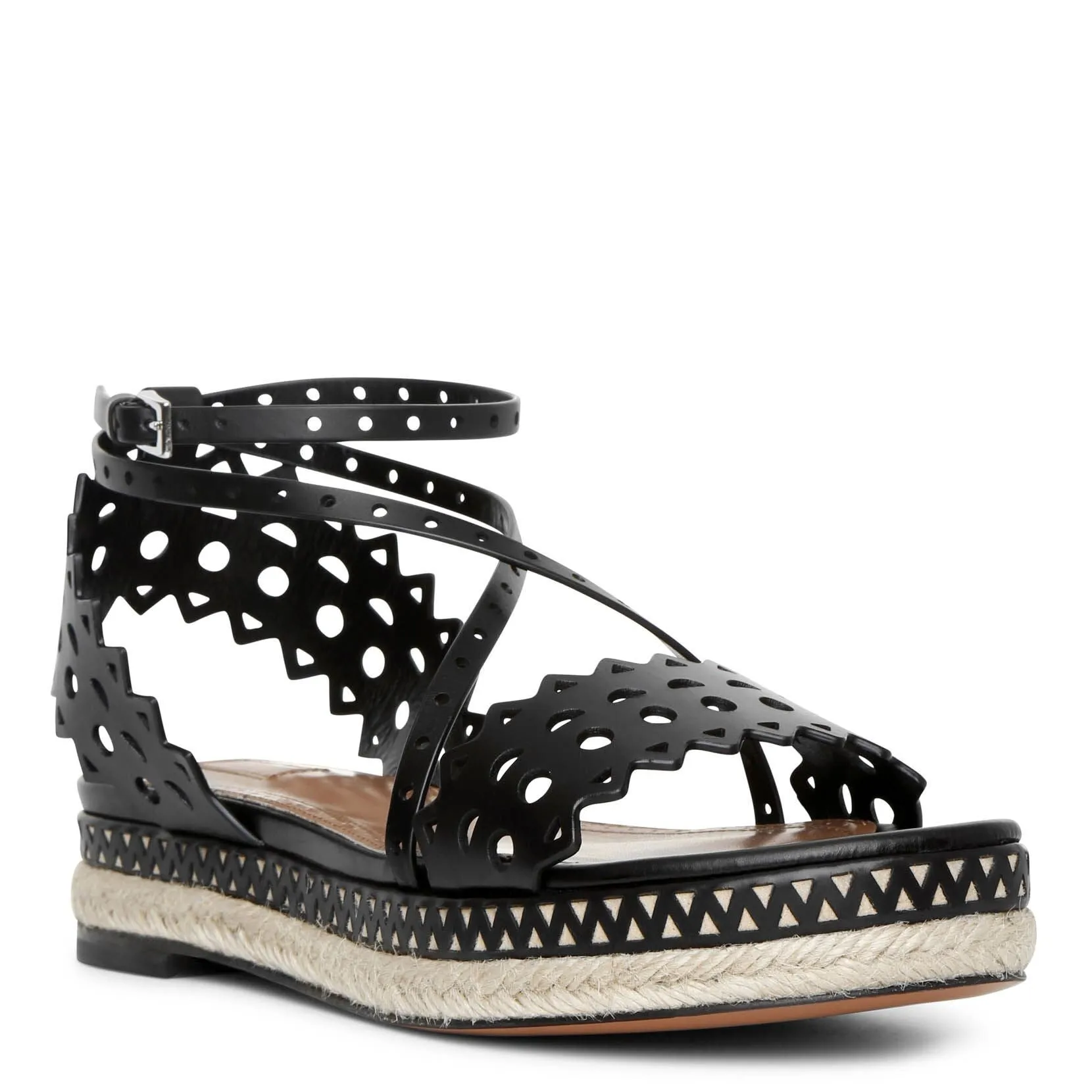 Laser cut leather espadrille platform sandals