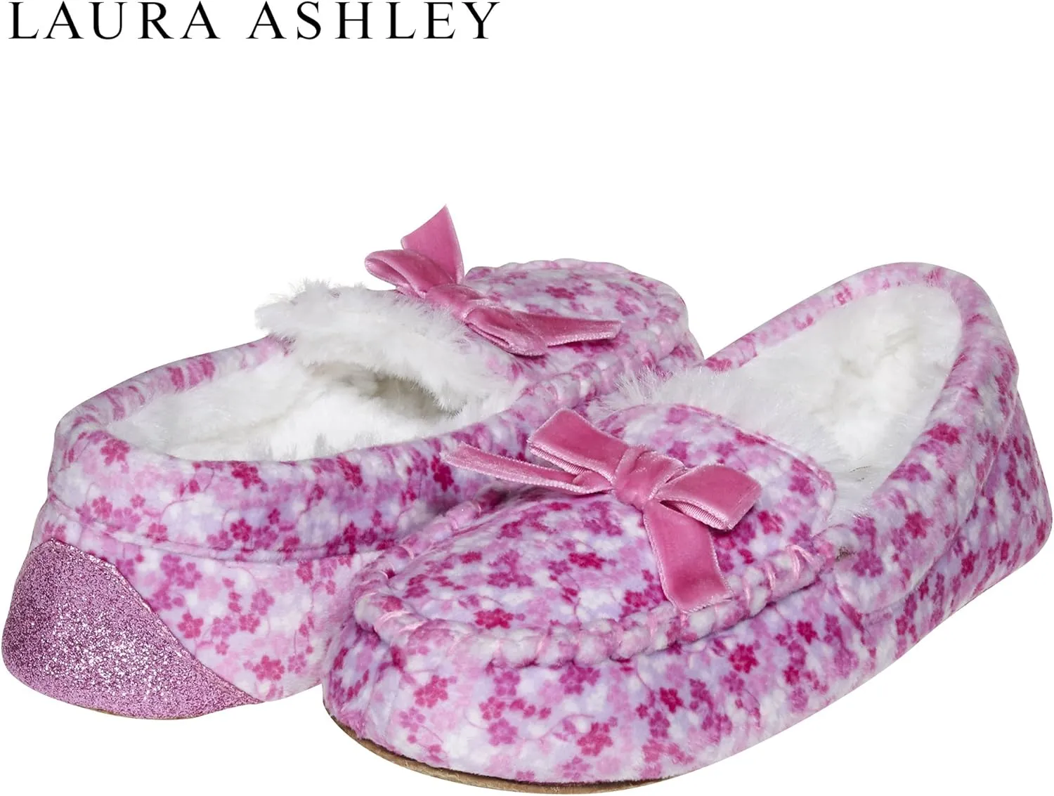 Laura Ashley Fleece Girls Moccasin Slippers, Indoor Outdoor Easy to Wear Home Shoes for Kids