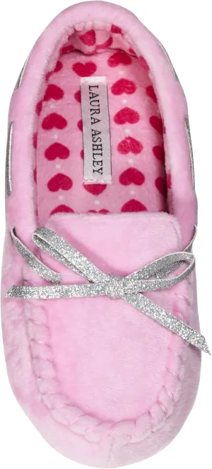 Laura Ashley Fleece Girls Moccasin Slippers, Indoor Outdoor Easy to Wear Home Shoes for Kids