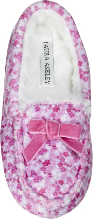 Laura Ashley Fleece Girls Moccasin Slippers, Indoor Outdoor Easy to Wear Home Shoes for Kids