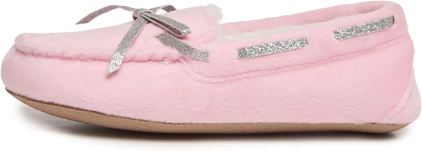 Laura Ashley Fleece Girls Moccasin Slippers, Indoor Outdoor Easy to Wear Home Shoes for Kids
