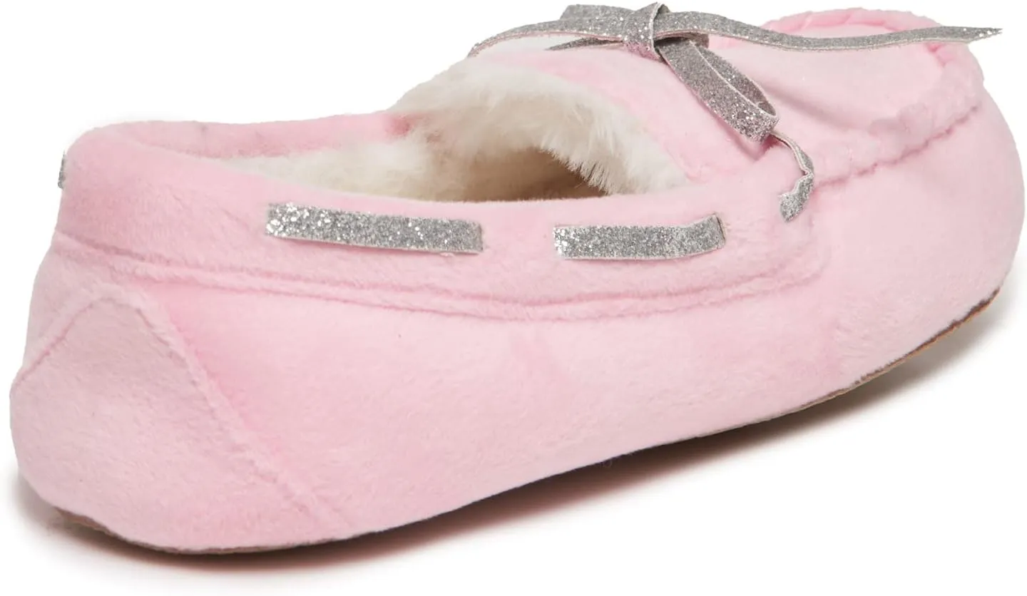 Laura Ashley Fleece Girls Moccasin Slippers, Indoor Outdoor Easy to Wear Home Shoes for Kids