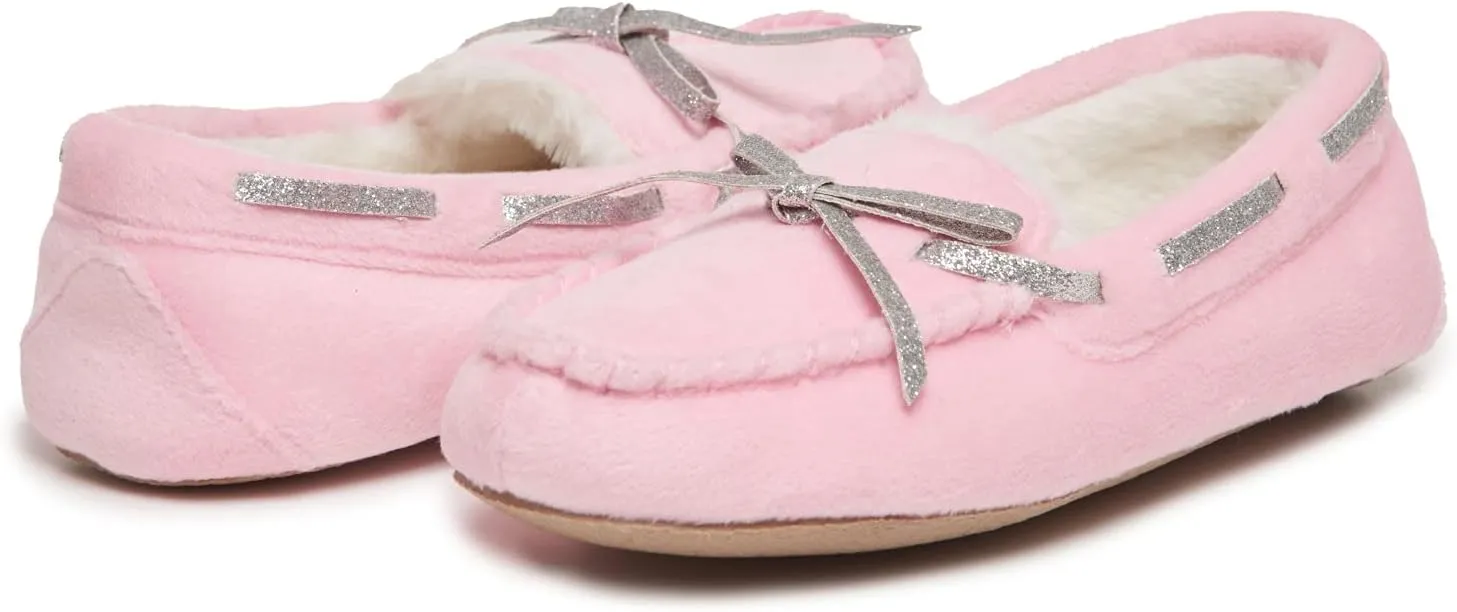 Laura Ashley Fleece Girls Moccasin Slippers, Indoor Outdoor Easy to Wear Home Shoes for Kids