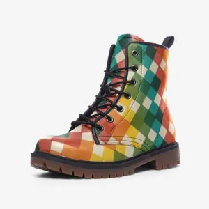 Leather Boots, Multi Square Color Block Martin Style Boots