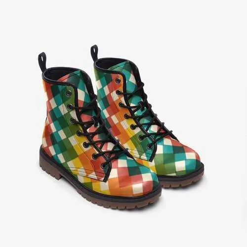 Leather Boots, Multi Square Color Block Martin Style Boots