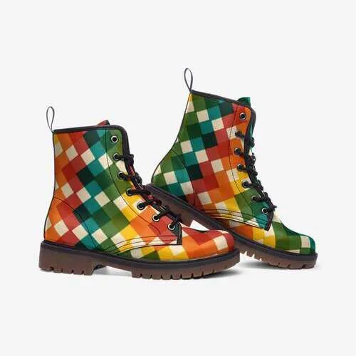 Leather Boots, Multi Square Color Block Martin Style Boots