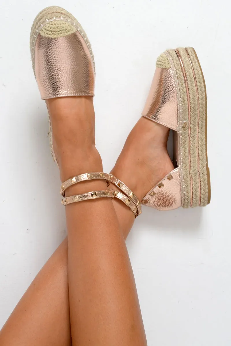 Leather Elara Flatforms - Rose Gold Trendy Studded Espadrille Comprehensive range