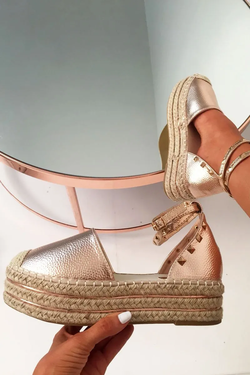 Leather Elara Flatforms - Rose Gold Trendy Studded Espadrille Comprehensive range