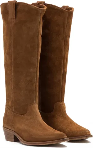 LEHOOR Stacked Heel Tan Slouchy Knee High Western Boots Women Comfort Wide Calf Pointed Toe Velvet Suede Leather Brown Cowboy Boots Low Heels Pull On Tan Combat Boots Dress Winter Brown 7.5 M US