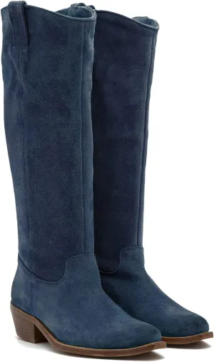 LEHOOR Women's Stacked Heel Navy Slouchy Knee High Western Boots Blue Wide Calf Pointed Toe Velvet Suede Leather Navy Cowboy Boots Low Heel Pull On Combat Boots Dress Vintage Winter Navy Size 6 M US