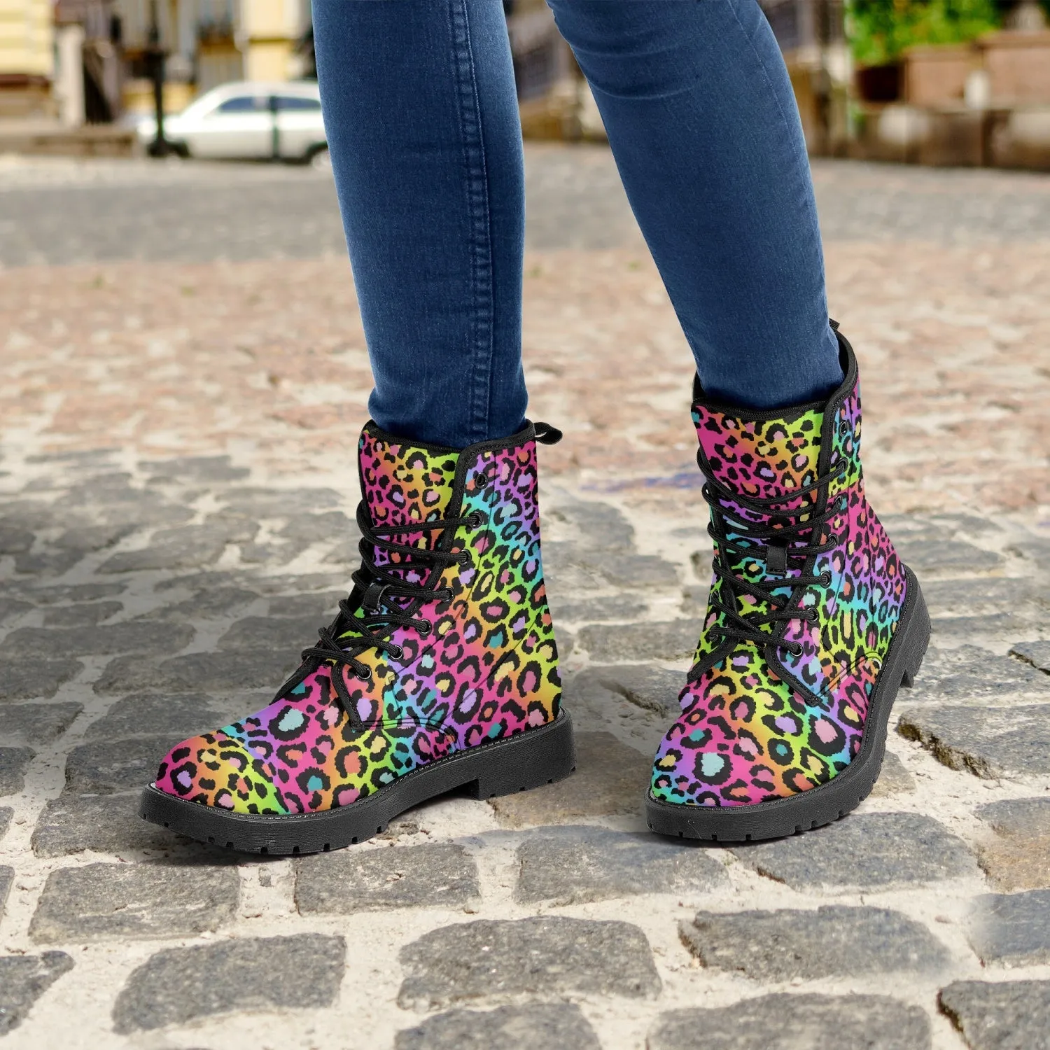 Lisa Frank Leopard Print Leather Combat Boots