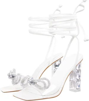 LISHAN Womens' Clear Strappy Chunky Block 4in Heels Rhinestone Bow Knot Sandals