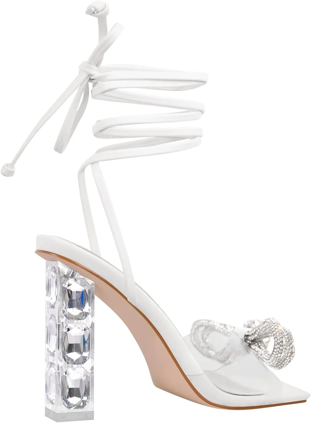 LISHAN Womens' Clear Strappy Chunky Block 4in Heels Rhinestone Bow Knot Sandals