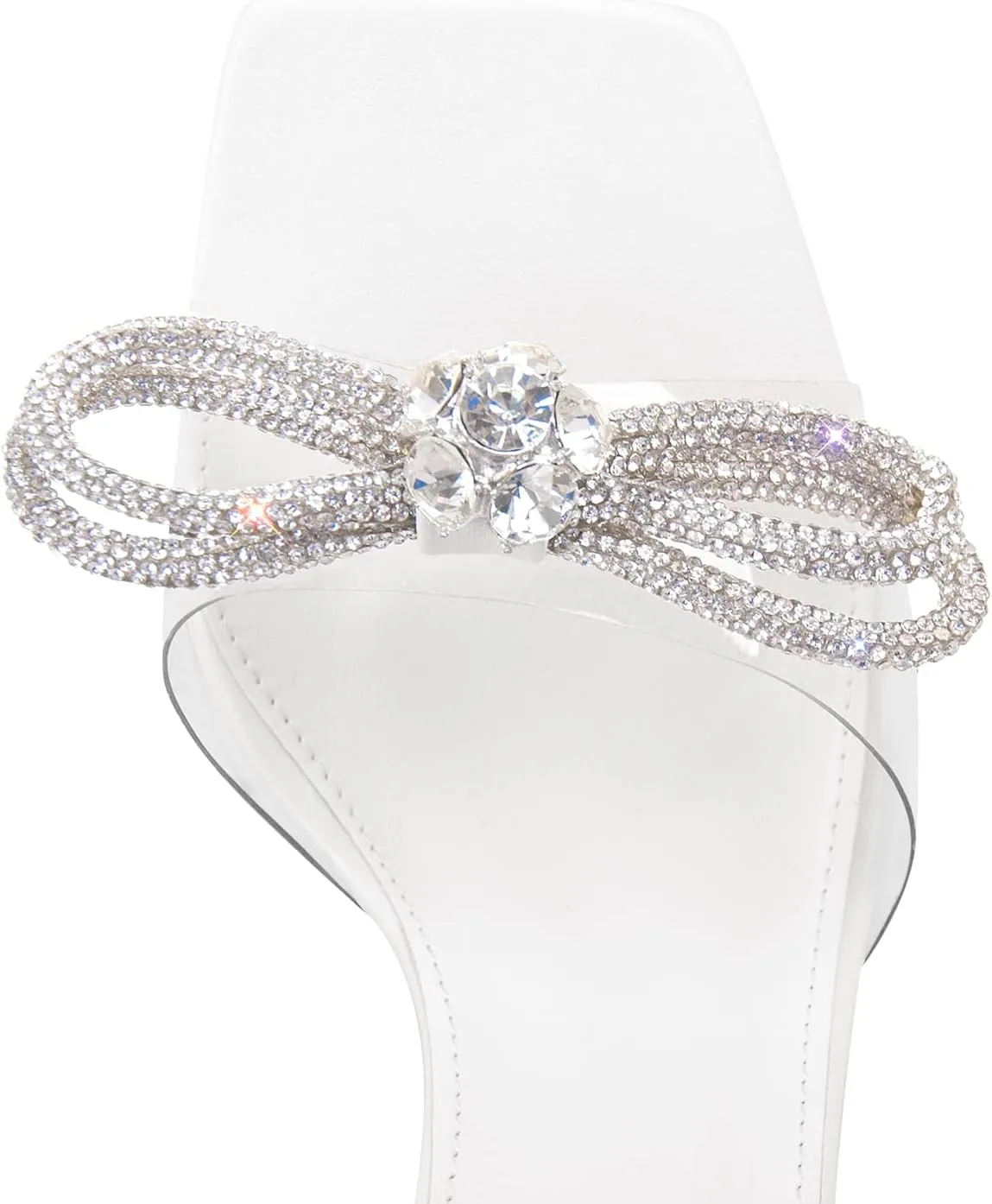 LISHAN Womens' Clear Strappy Chunky Block 4in Heels Rhinestone Bow Knot Sandals
