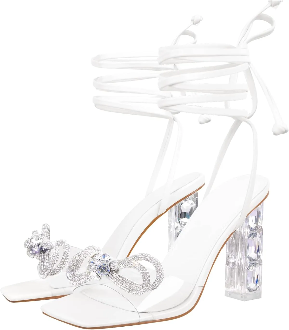 LISHAN Womens' Clear Strappy Chunky Block 4in Heels Rhinestone Bow Knot Sandals