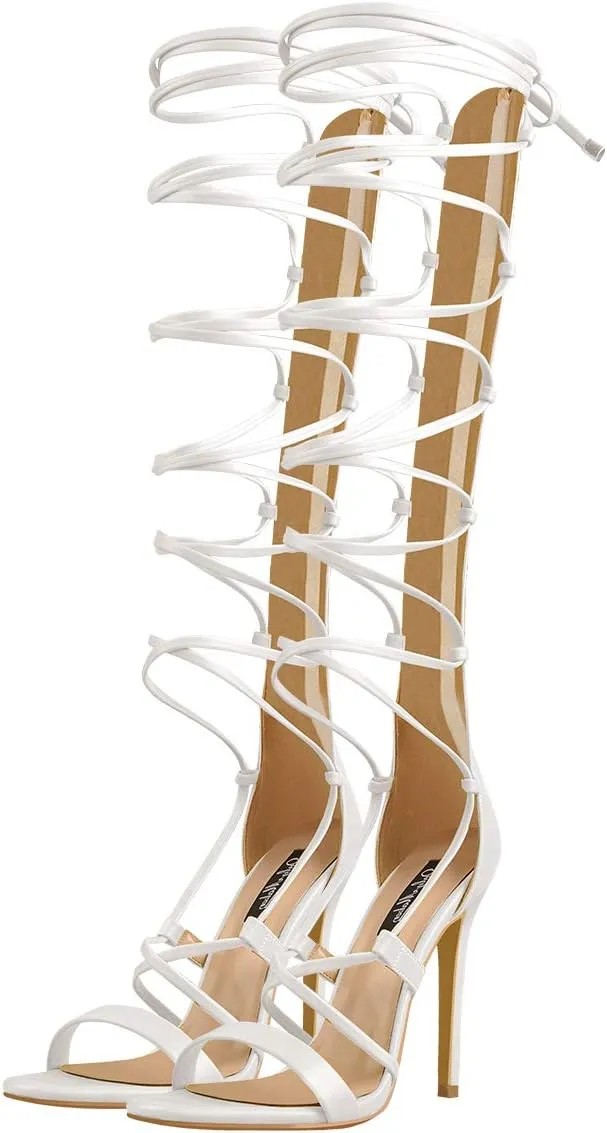LISHAN Womens Gladiator Knee High Sandals Open Toe Lace Up Criss Cross Strappy Stiletto Heels