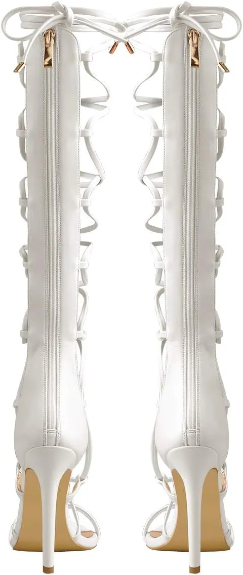 LISHAN Womens Gladiator Knee High Sandals Open Toe Lace Up Criss Cross Strappy Stiletto Heels