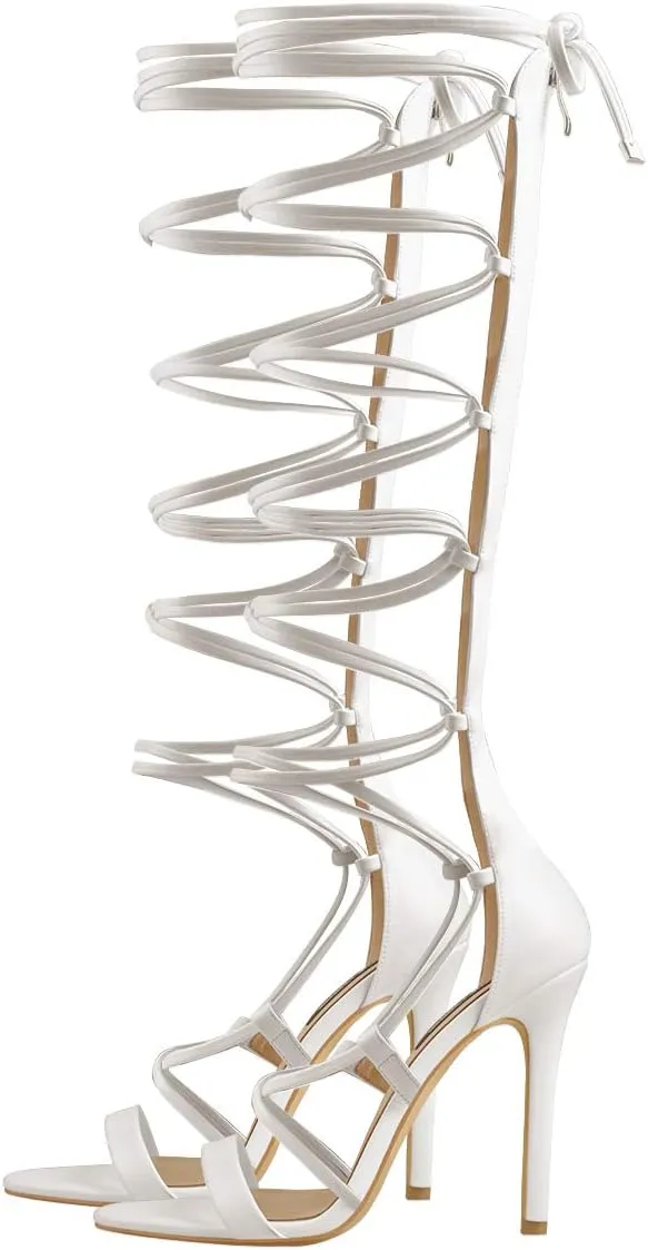 LISHAN Womens Gladiator Knee High Sandals Open Toe Lace Up Criss Cross Strappy Stiletto Heels