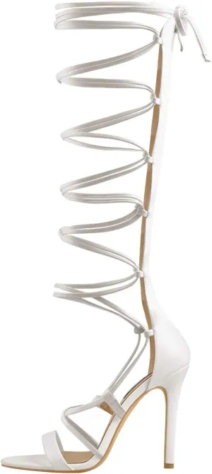 LISHAN Womens Gladiator Knee High Sandals Open Toe Lace Up Criss Cross Strappy Stiletto Heels