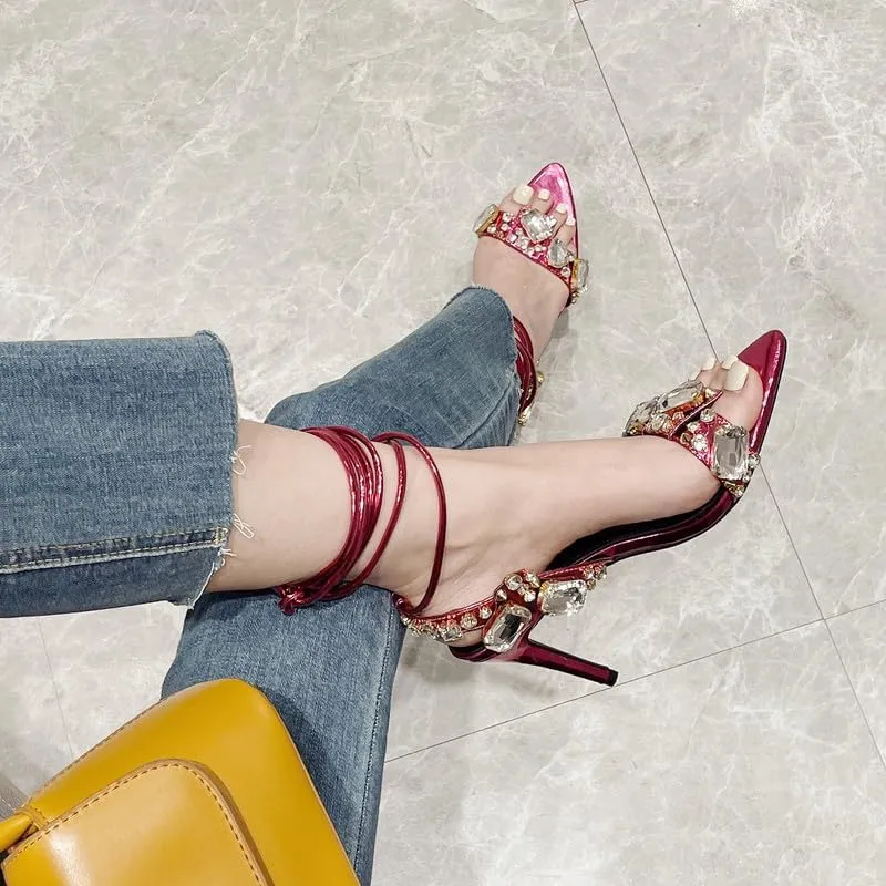 LISHAN Women's Rhinestones Studded Ankle Strappy Pointed Toe High Heels Lace Up Heeled Sandals