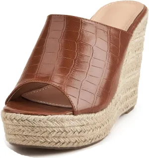LizFoYa Women Retro Crocodile Leather Slide Shoes Ladies Peep Toe Espadrille Wedge Platform Heels Beach Vocation