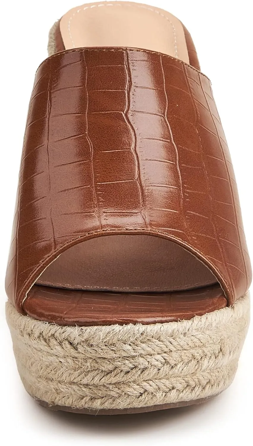 LizFoYa Women Retro Crocodile Leather Slide Shoes Ladies Peep Toe Espadrille Wedge Platform Heels Beach Vocation