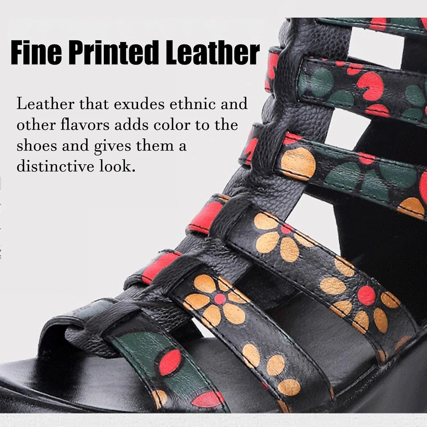 Lossarye Women's Leather Platform High Top Gladiator Sandals with Back Zipper Summer Open Toe Hollow Non-slip Wedge Sandals Vintage Printed Roman Beach Sandals