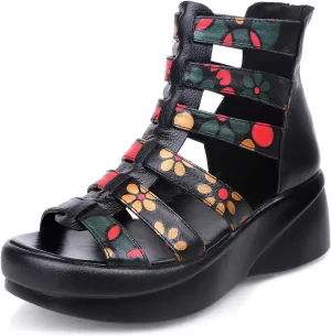 Lossarye Women's Leather Platform High Top Gladiator Sandals with Back Zipper Summer Open Toe Hollow Non-slip Wedge Sandals Vintage Printed Roman Beach Sandals