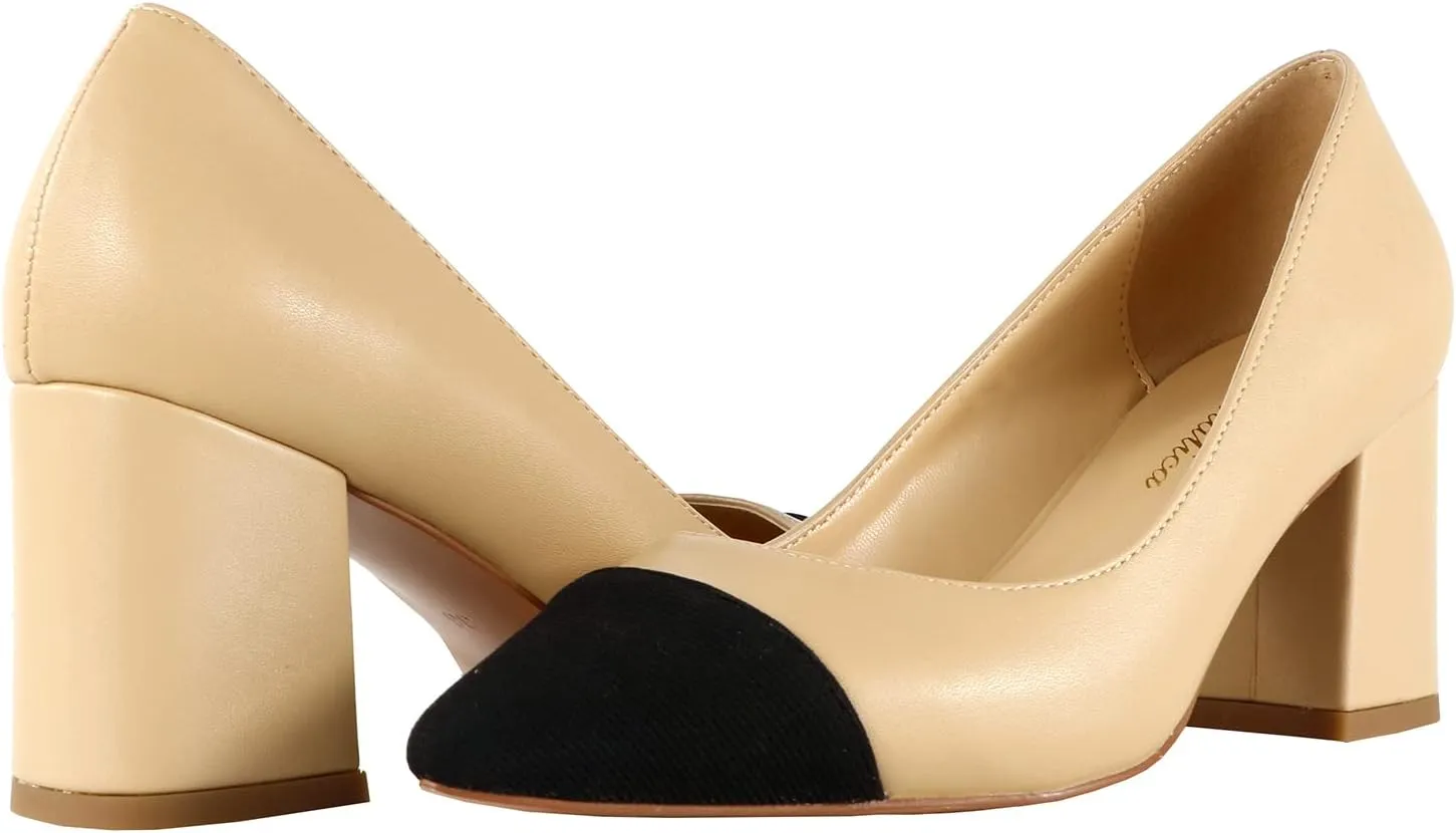 Lutalica W Women's Trendy Pointed Cap Toe Slip On Comfort Two-Toned Chunky High Heel Pumps for Office Evening Wedding