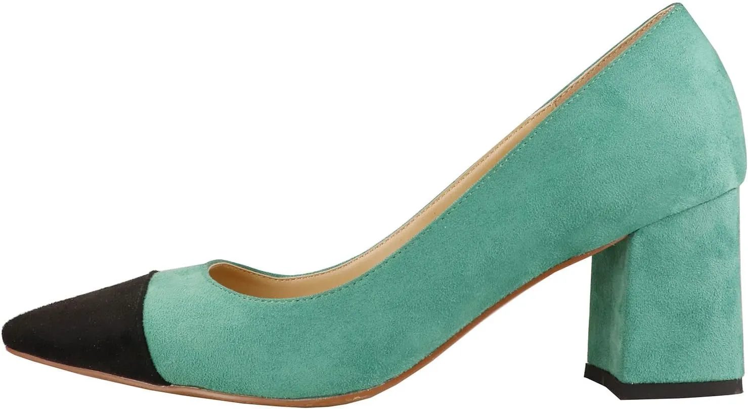 Lutalica W Women's Trendy Pointed Cap Toe Slip On Comfort Two-Toned Chunky High Heel Pumps for Office Evening Wedding