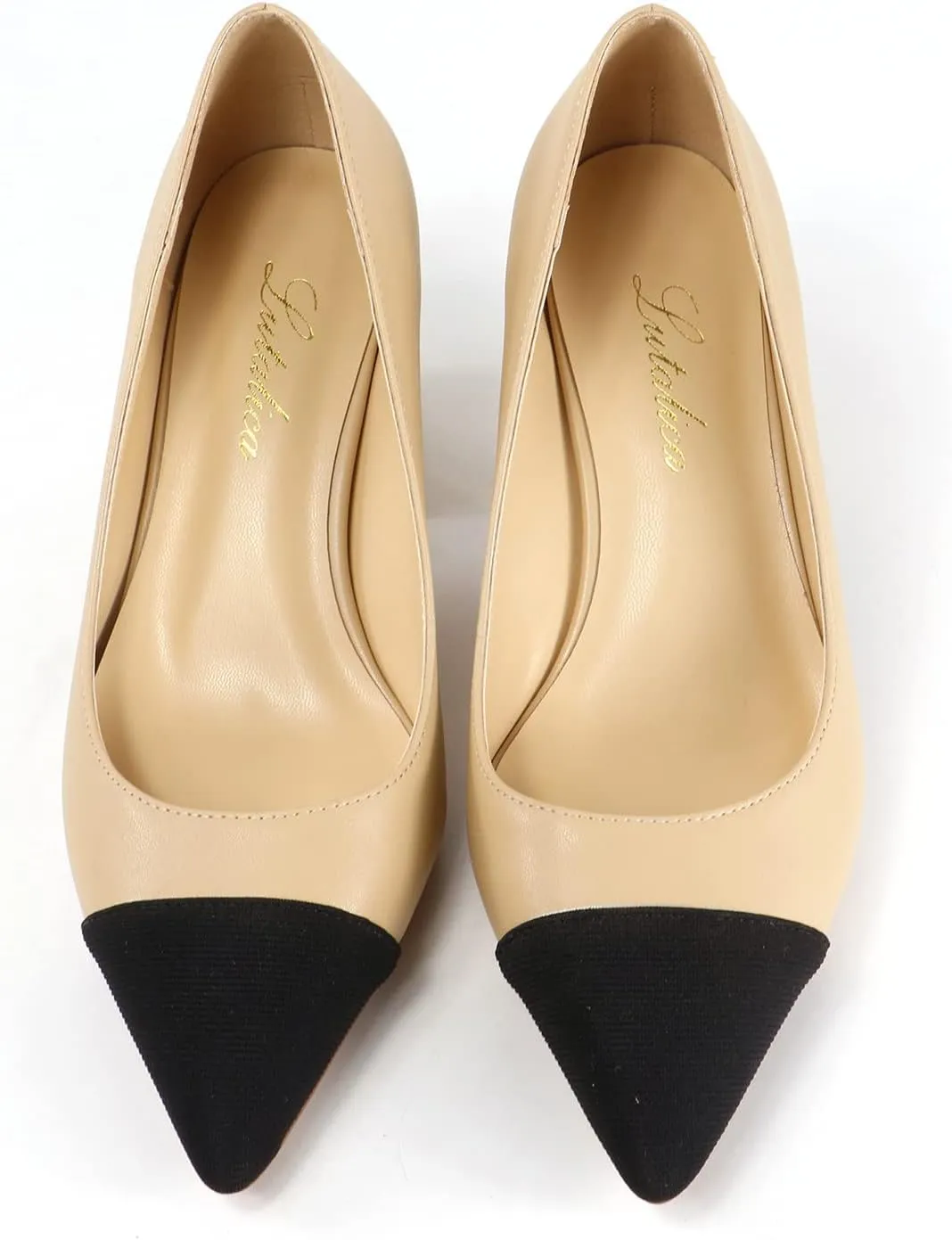 Lutalica W Women's Trendy Pointed Cap Toe Slip On Comfort Two-Toned Chunky High Heel Pumps for Office Evening Wedding