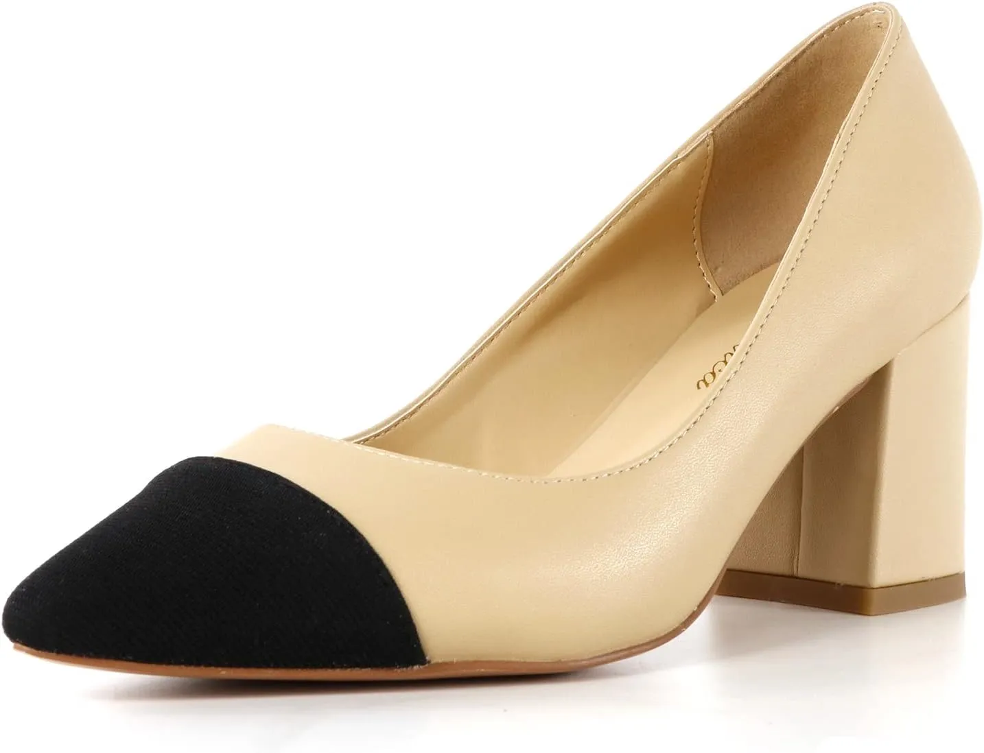 Lutalica W Women's Trendy Pointed Cap Toe Slip On Comfort Two-Toned Chunky High Heel Pumps for Office Evening Wedding