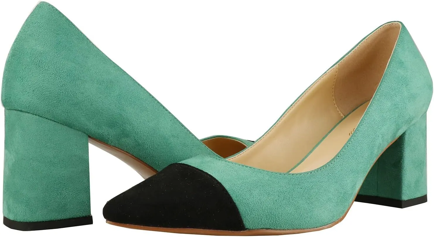 Lutalica W Women's Trendy Pointed Cap Toe Slip On Comfort Two-Toned Chunky High Heel Pumps for Office Evening Wedding