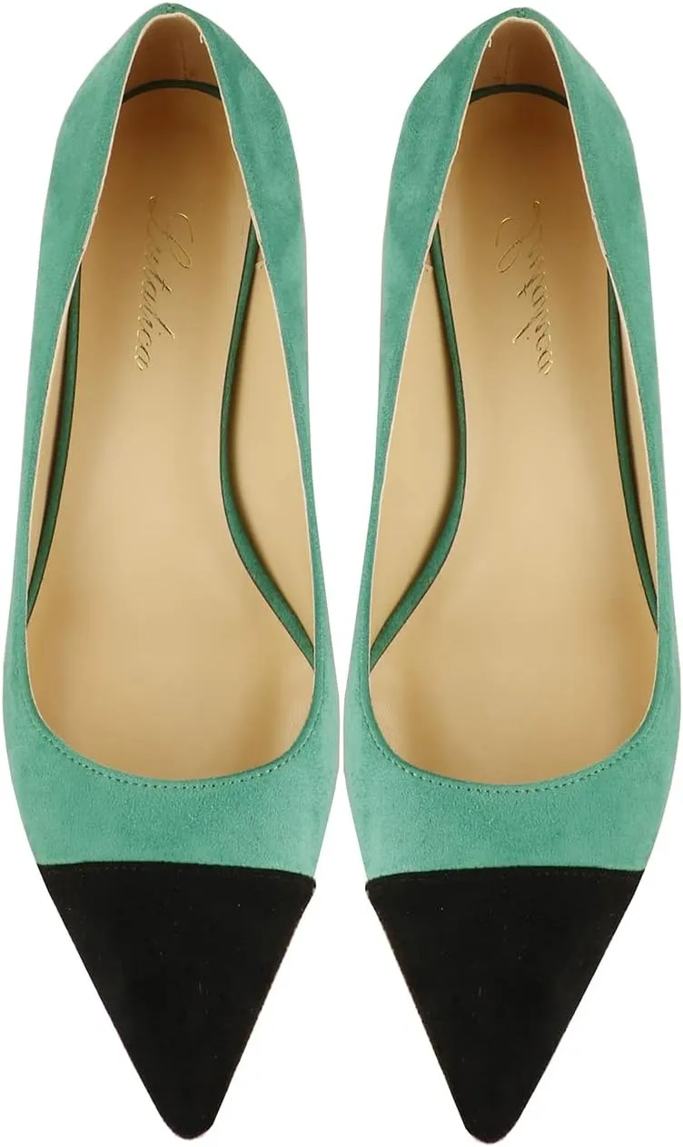 Lutalica W Women's Trendy Pointed Cap Toe Slip On Comfort Two-Toned Chunky High Heel Pumps for Office Evening Wedding