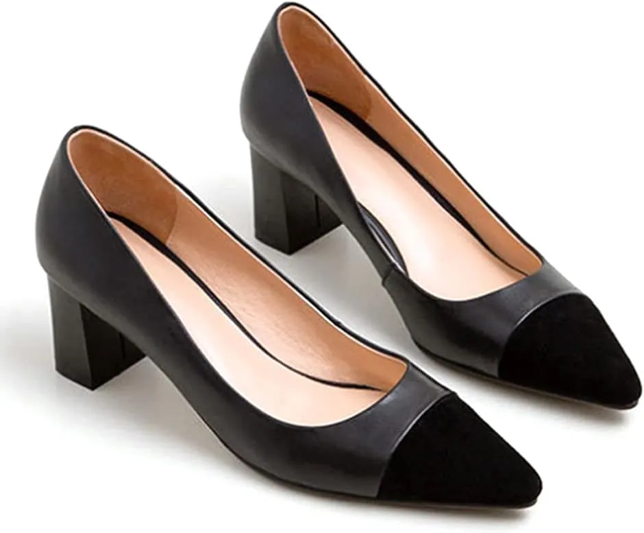 Lutalica W Women's Trendy Pointed Cap Toe Slip On Comfort Two-Toned Chunky High Heel Pumps for Office Evening Wedding