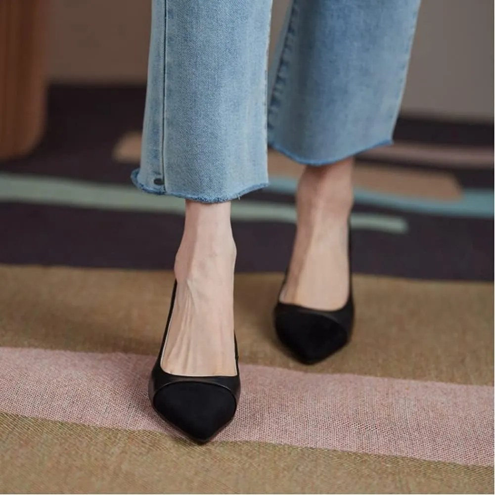 Lutalica W Women's Trendy Pointed Cap Toe Slip On Comfort Two-Toned Chunky High Heel Pumps for Office Evening Wedding