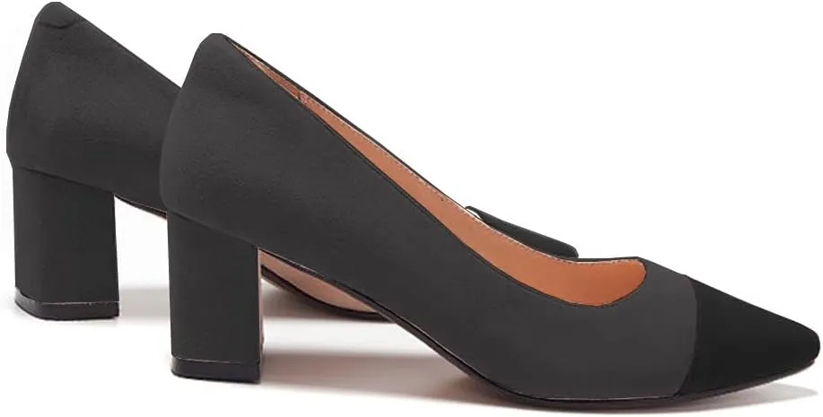 Lutalica W Women's Trendy Pointed Cap Toe Slip On Comfort Two-Toned Chunky High Heel Pumps for Office Evening Wedding