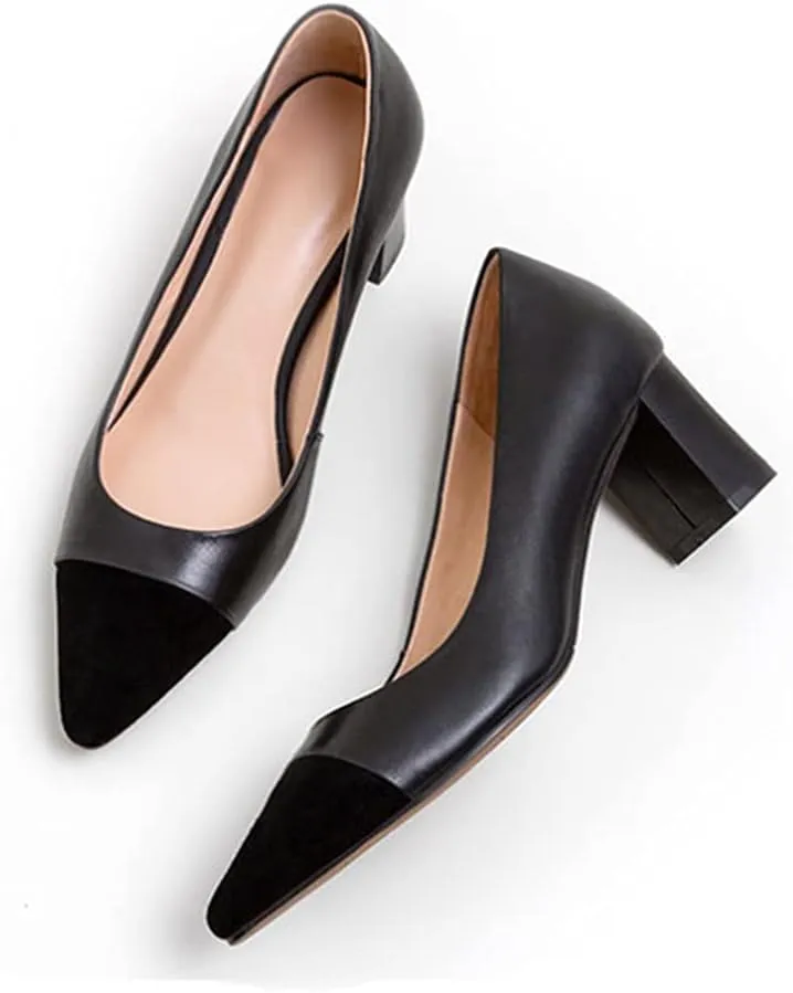 Lutalica W Women's Trendy Pointed Cap Toe Slip On Comfort Two-Toned Chunky High Heel Pumps for Office Evening Wedding