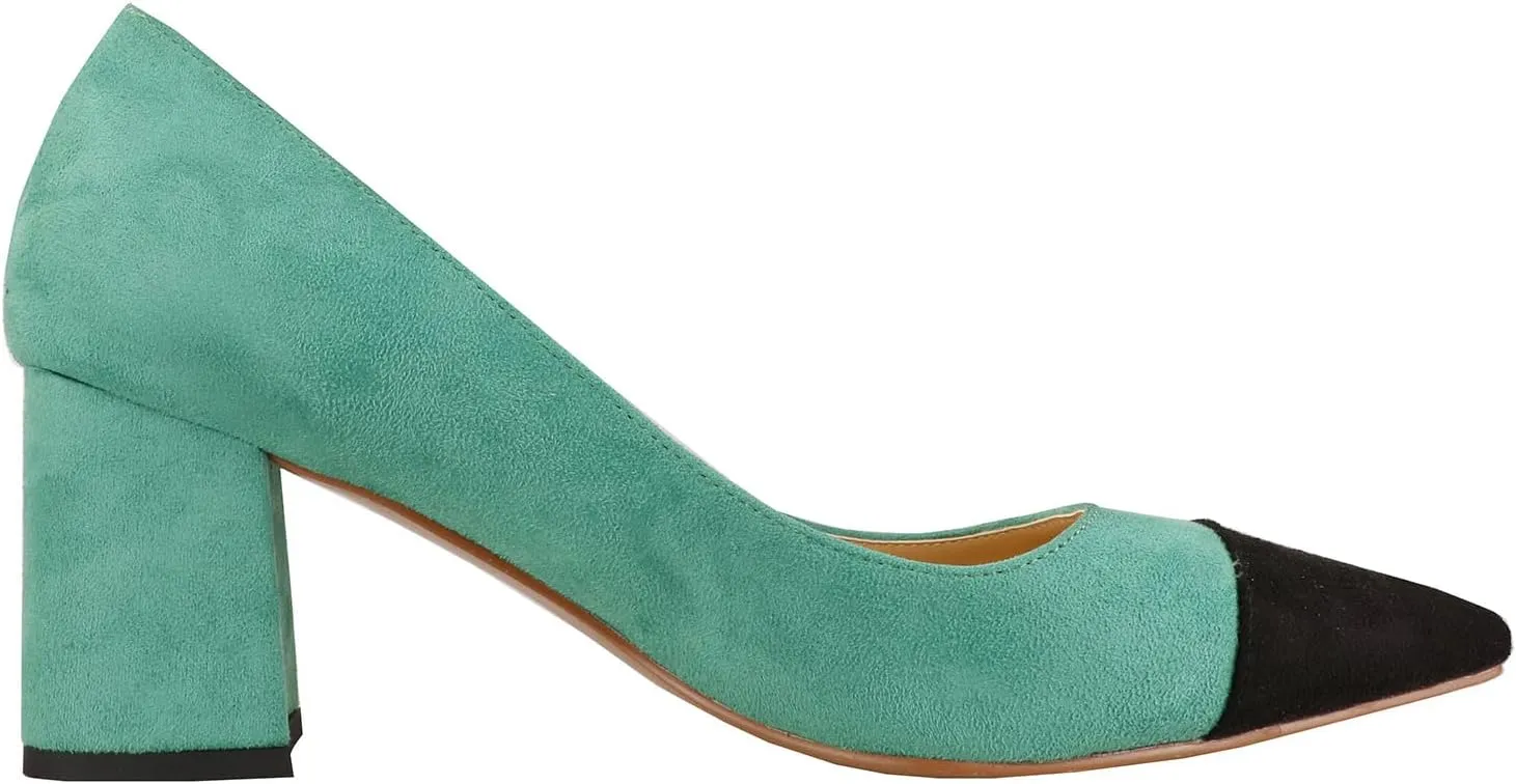 Lutalica W Women's Trendy Pointed Cap Toe Slip On Comfort Two-Toned Chunky High Heel Pumps for Office Evening Wedding