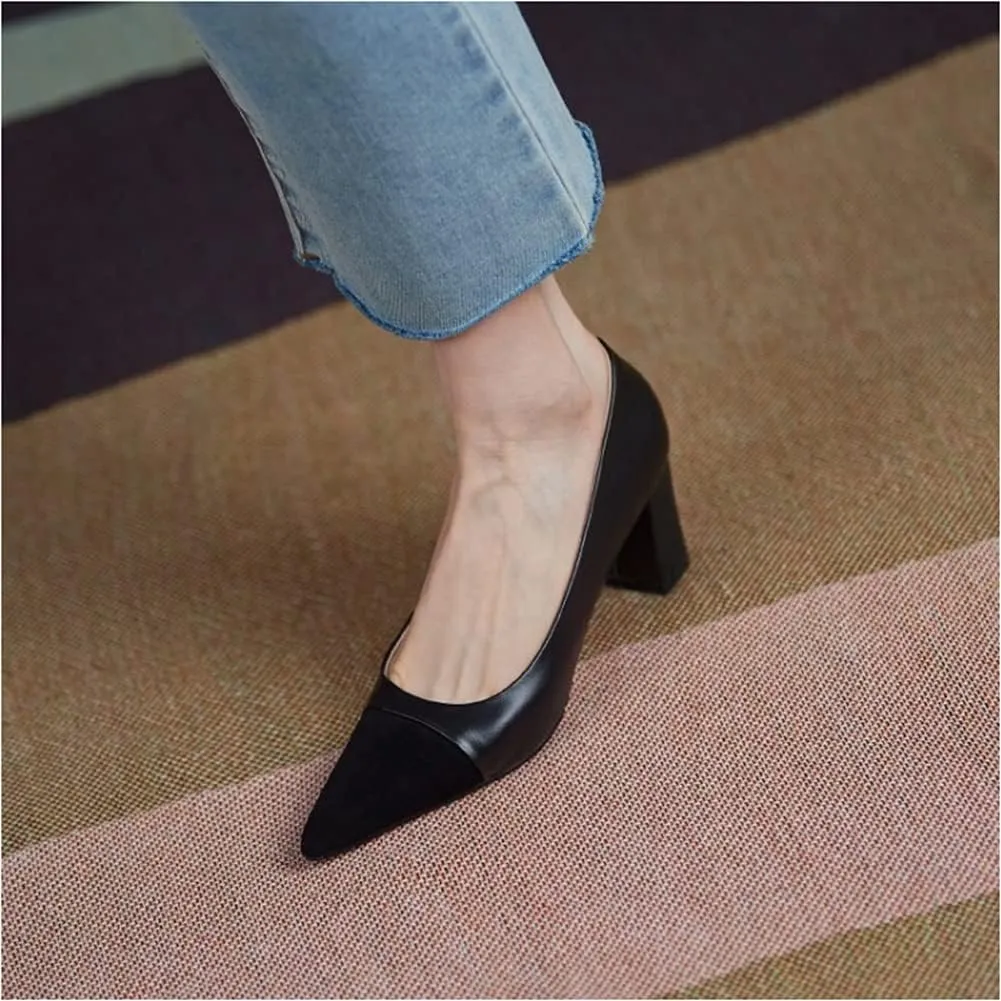 Lutalica W Women's Trendy Pointed Cap Toe Slip On Comfort Two-Toned Chunky High Heel Pumps for Office Evening Wedding