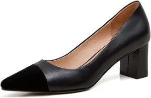 Lutalica W Women's Trendy Pointed Cap Toe Slip On Comfort Two-Toned Chunky High Heel Pumps for Office Evening Wedding