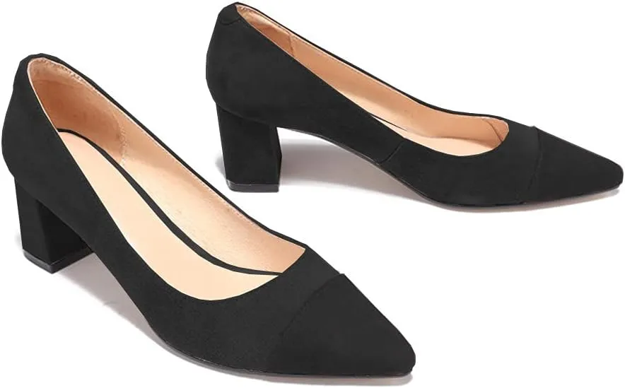 Lutalica W Women's Trendy Pointed Cap Toe Slip On Comfort Two-Toned Chunky High Heel Pumps for Office Evening Wedding