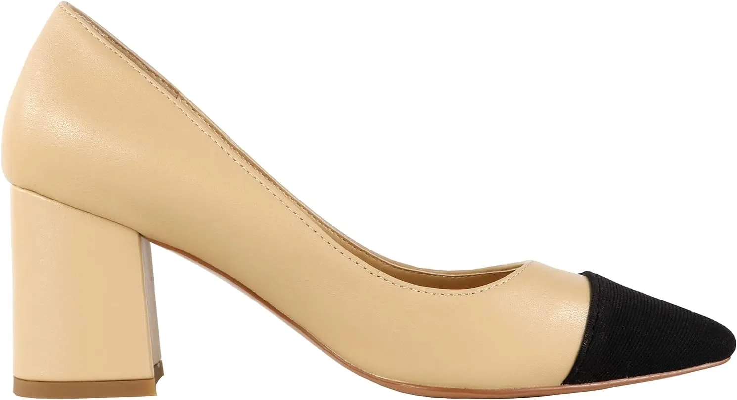 Lutalica W Women's Trendy Pointed Cap Toe Slip On Comfort Two-Toned Chunky High Heel Pumps for Office Evening Wedding
