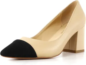Lutalica W Women's Trendy Pointed Cap Toe Slip On Comfort Two-Toned Chunky High Heel Pumps for Office Evening Wedding