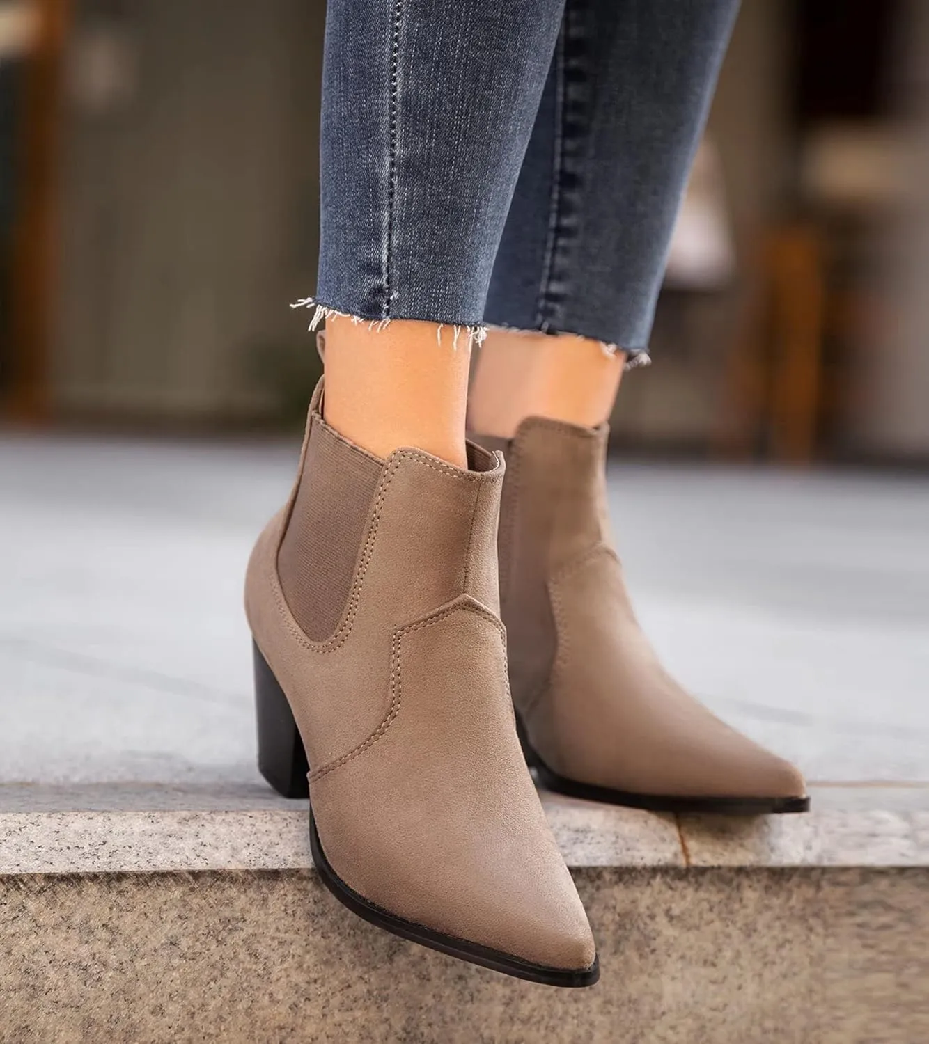 MaxMuxun Women's Chunky Heel Boots Ankle Boots for Women Western Booties Faux Leather Pointed Toe Chelsea Fall Boots for Women 2024