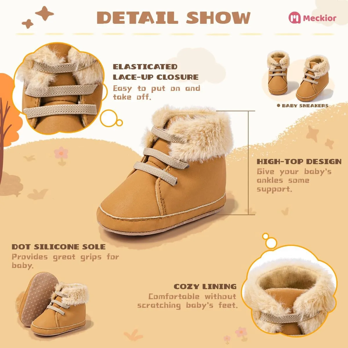 Meckior Toddler Baby Boys Girls High Tops Ankle Sneakers Soft Anti-Slip Sole PU Leather Moccasins Infant Newborn Prewalker First Walking Crib Shoes